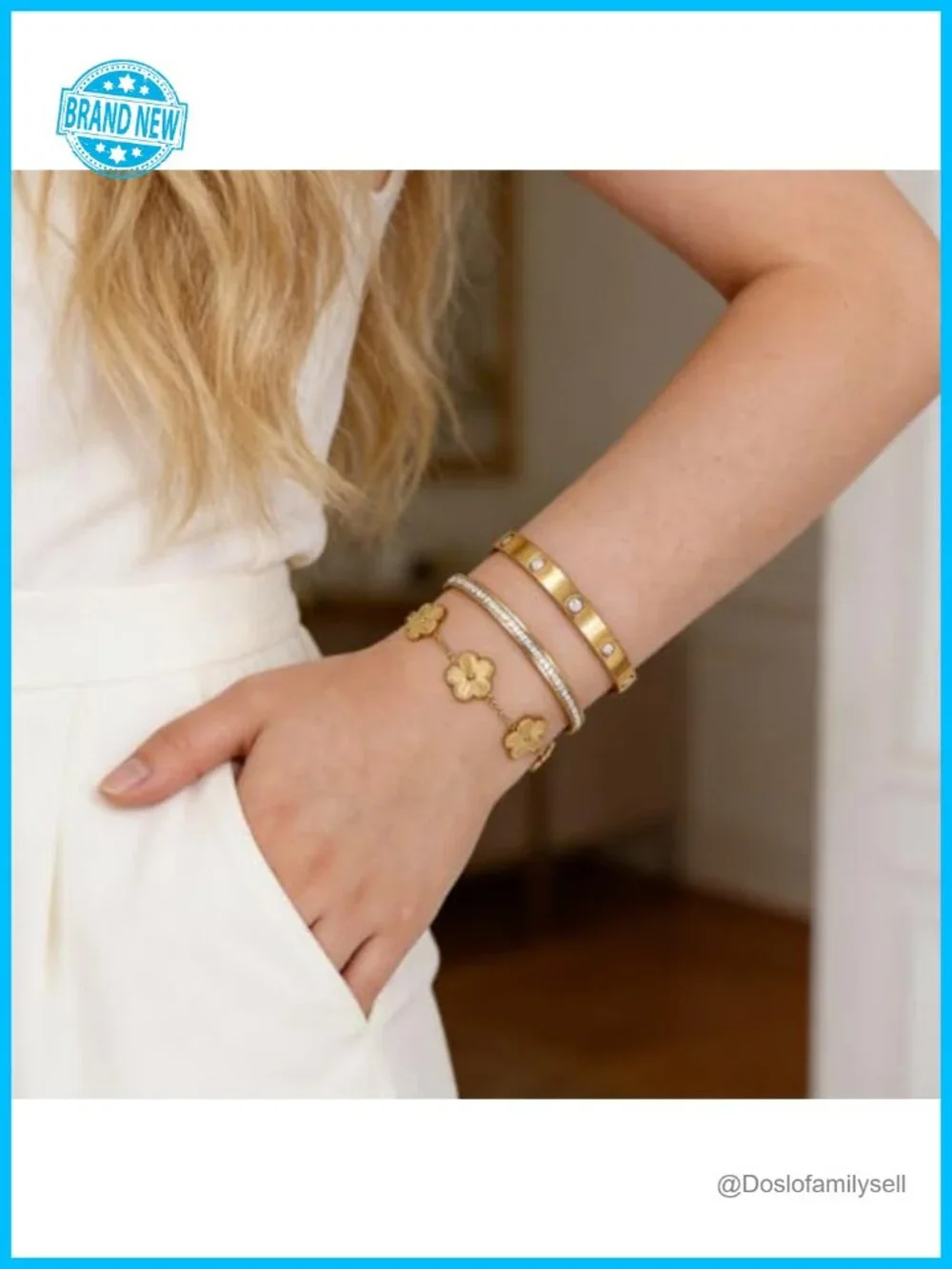 18K Gold Plated Bangle Bracelet Set Stackable Gold Clover Women